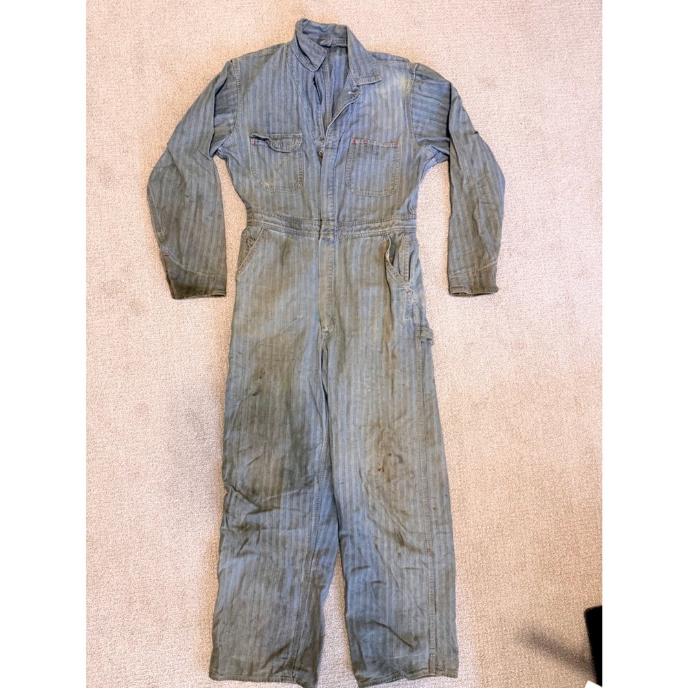 Vintage Herringbone Twill Coveralls Blue Striped Workwear Jumpsuit Distressed L
